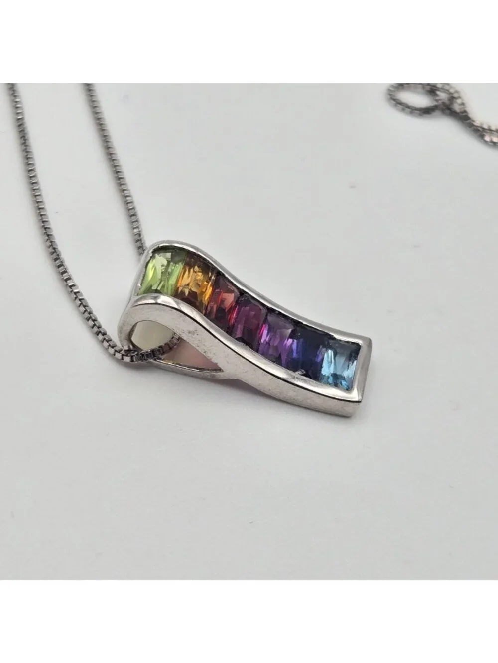 Sterling Silver Rainbow Gemstone Pendant Necklace 925 Box Chain Elegant Design